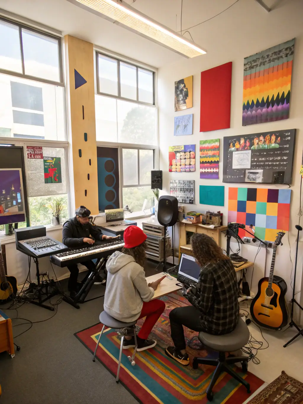 A behind-the-scenes shot of artists receiving career guidance and mentorship from experienced professionals at AGENCE ARTISTIQUE LES MUSES.