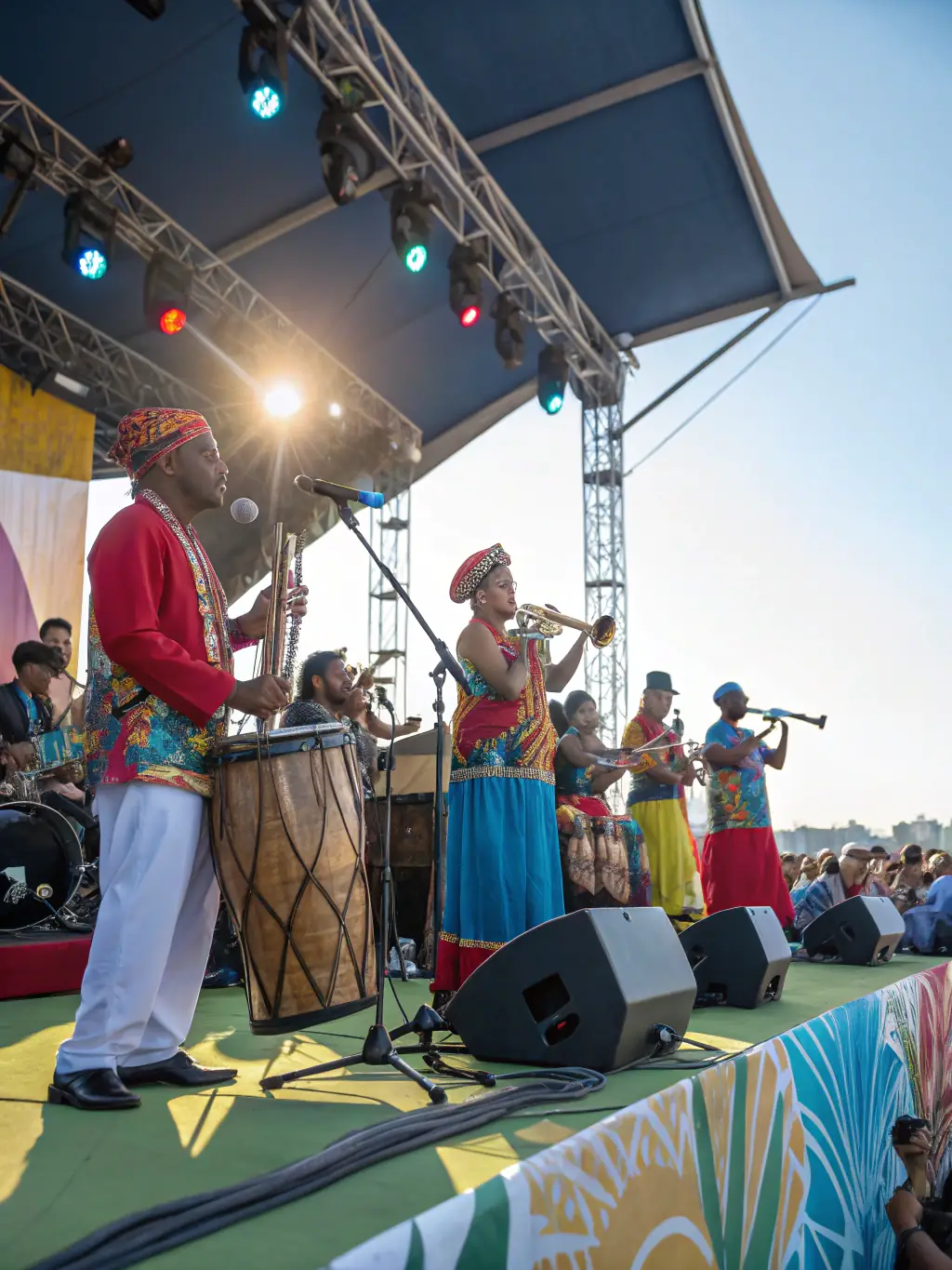 An image capturing a cultural exchange event, with artists from different backgrounds sharing their music and traditions, highlighting the agency's global reach.