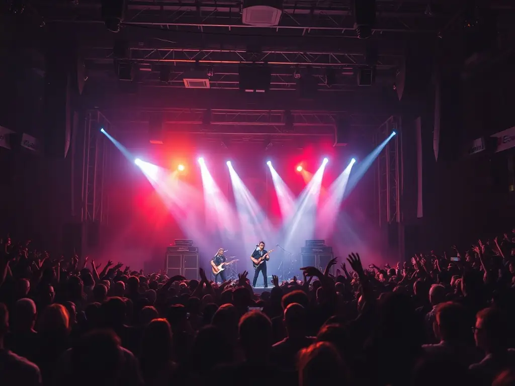 A vibrant photo of a live concert with an engaged audience and dynamic stage lighting, representing concert and event coordination.