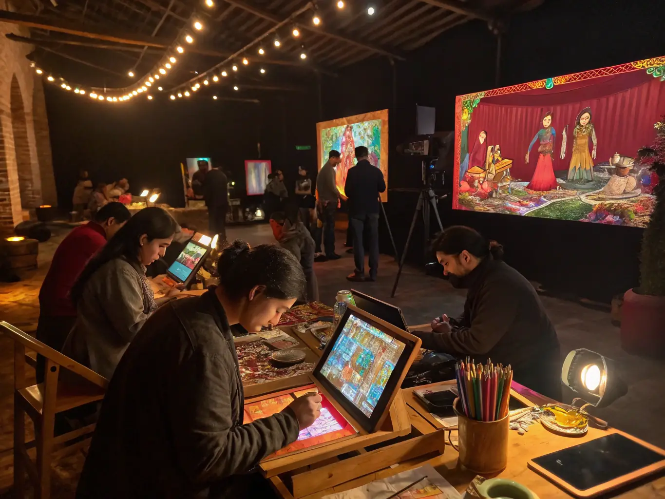 A photo of a community workshop with artists and local participants engaging in creative activities, highlighting community engagement programs.