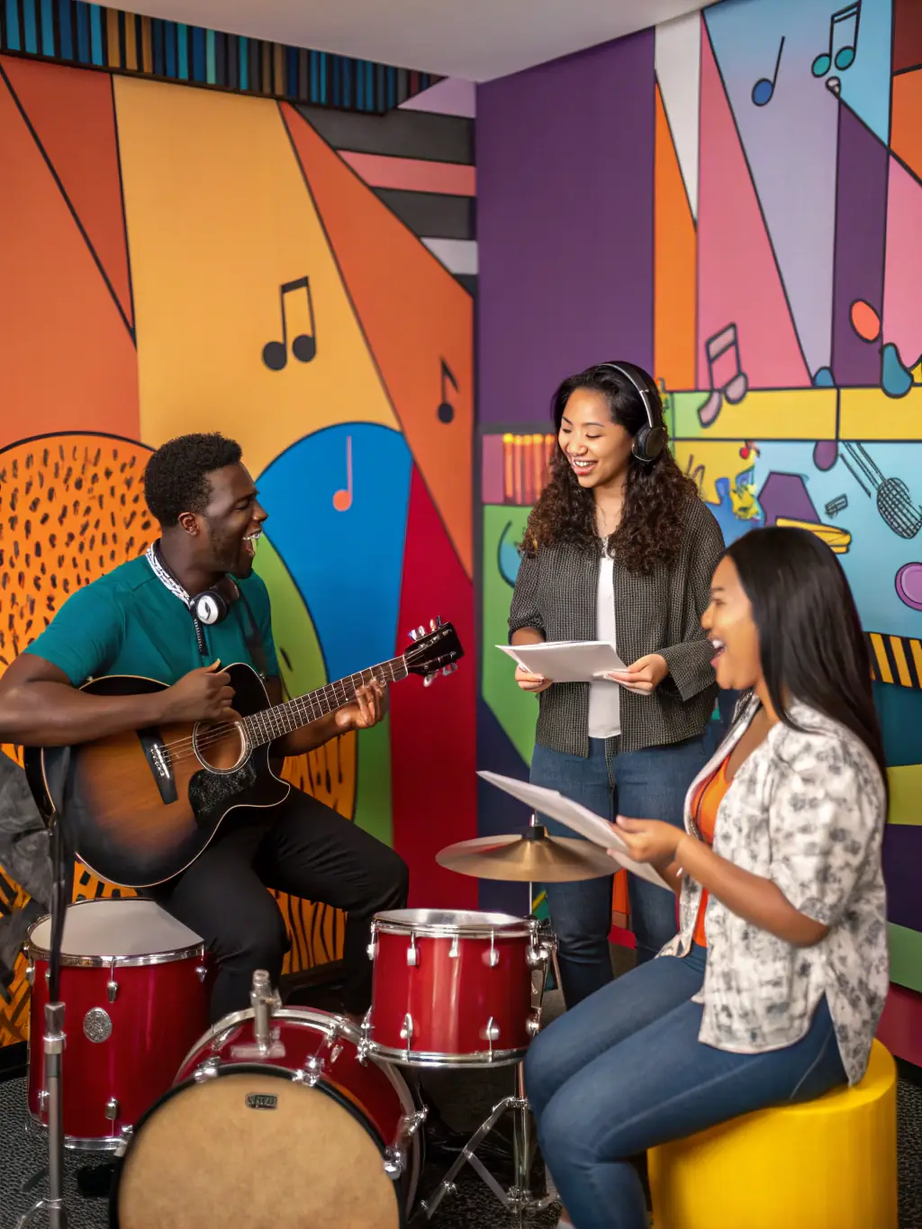 A vibrant image of a diverse group of musicians participating in a collaborative workshop, showcasing the energy and creativity fostered by AGENCE ARTISTIQUE LES MUSES.